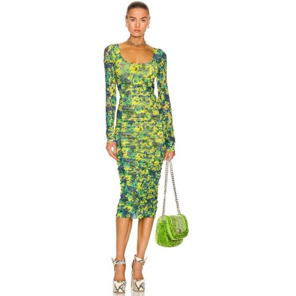 Ganni SS22 Sulphur Spring Ruched Printed Stretch Mesh Dress Green Sz 32 US 0 - greenwatershopping.com Ganni SS22 Sulphur Spring Ruched Printed Stretch Mesh Dress Green Sz 32 US 0 - greenwatershopping.com